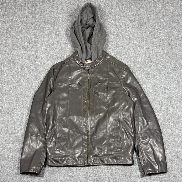 Tommy Hilfiger Faux Leather Jacket Hooded Sherpa Fleece Lined Dark Brown Small - Picture 1 of 14